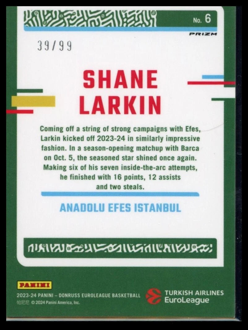 2023-24 Panini Donruss Euroleague Basketball Shane Larkin #6 /99 Anadolu Efes